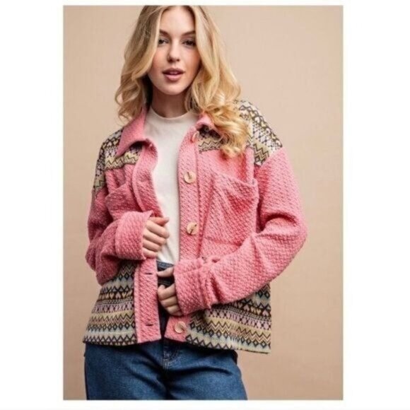 Textured Knit and Yarn Dye Pattern Mixed Jacket-NEW-SIZE: MEDIUM - Picture 3 of 7